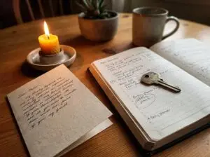 Candle, intention card, planner & house key connecting ritual with practical action.