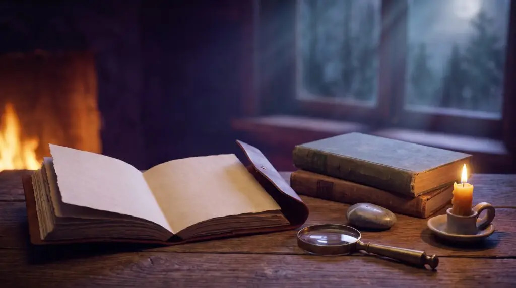 Open journal, books & candle arranged for grounded exploration of witchcraft.