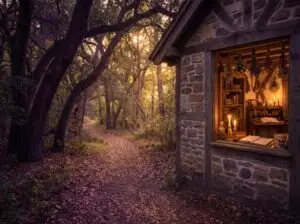 Woodland path leading toward a warm study for grounded spiritual exploration.