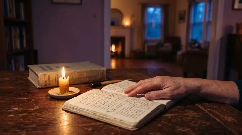 Open journal beside a closed book and candle in a quiet room, symbolizing beliefs changing over time.