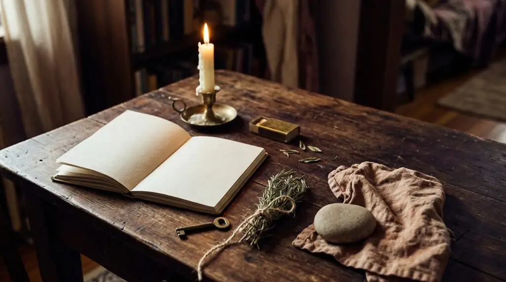Open journal, candle, herbs & symbolic objects arranged for crafting personal spells and rituals.