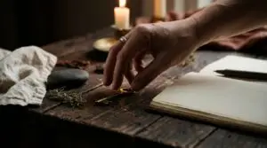A practitioner choosing a brass key among simple symbolic objects while planning personal spellwork.