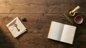 Two simple magical arrangements showing a focused key spell beside a journal-based reflective ritual.